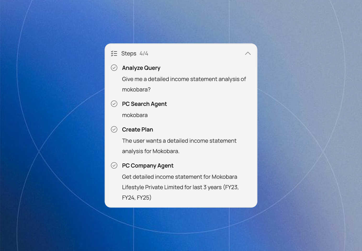Real-time Progress Steps — Analyze Query, PC Search Agent, Create Plan, PC Company Agent
