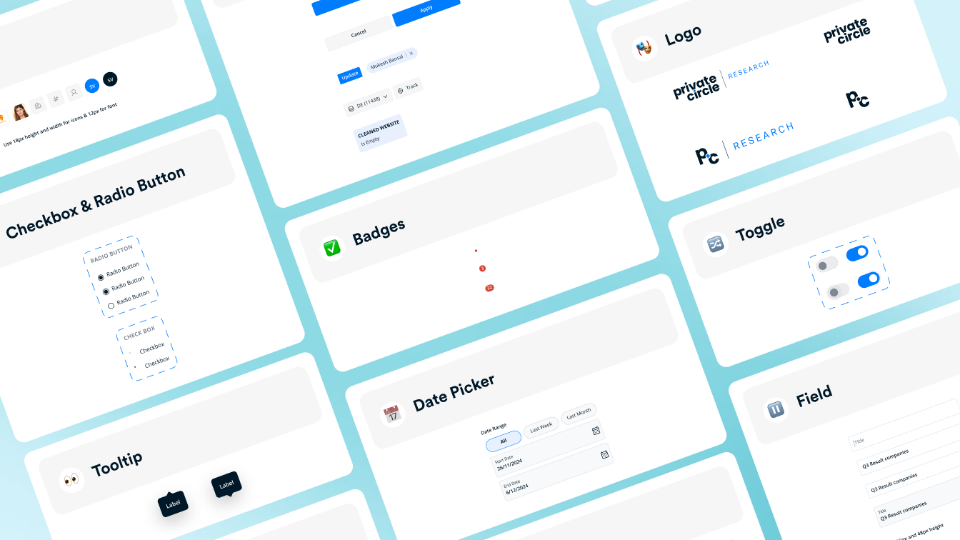 Design system components — Logo, Buttons, Checkbox, Radio, Toggle, Field, Date Picker, Badges, Tooltip